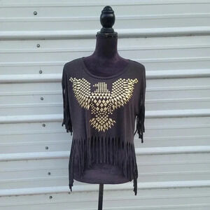 Word Of Mouth T Shirt Womens Charcoal Gray Gold Eagle Crew Tee Graphic Fringe M